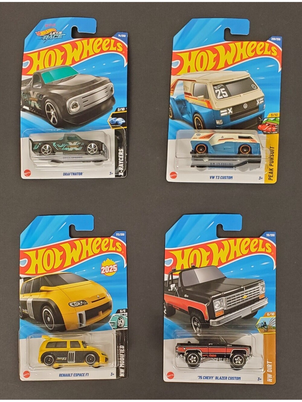 Hot Wheels 4-Car Set: Draftnator, VW T3 Custom, Renault Espace F1, '75 Chevy New